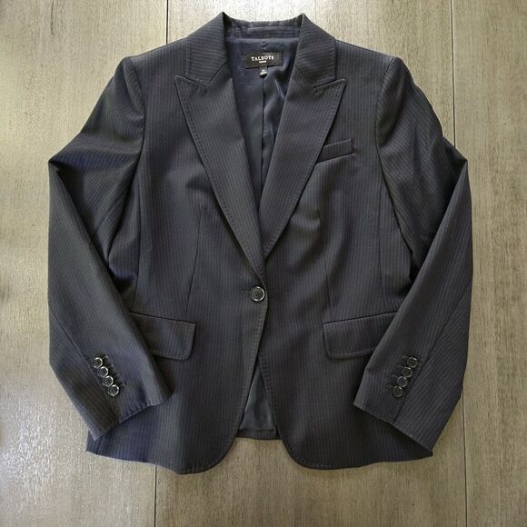 Talbots Black Wool Blend Pinstripe Blazer Jacket Size 12 PETITES Career Classic - Picture 1 of 7